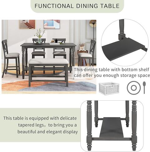 أثاث مطبخ أنيق للعشاء، طاولة طعام بارتفاع منضدة مكونة من 6 قطع و4 كراسي ومقاعد منجدة، رف كامل الطول، مجموعة تناول طعام مستطيلة الشكل تتسع لـ 6-8 أشخاص، رمادي in Kuwait