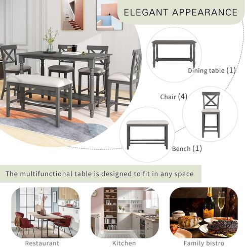 أثاث مطبخ أنيق للعشاء، طاولة طعام بارتفاع منضدة مكونة من 6 قطع و4 كراسي ومقاعد منجدة، رف كامل الطول، مجموعة تناول طعام مستطيلة الشكل تتسع لـ 6-8 أشخاص، رمادي in Kuwait