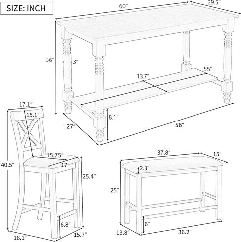 أثاث مطبخ أنيق للعشاء، طاولة طعام بارتفاع منضدة مكونة من 6 قطع و4 كراسي ومقاعد منجدة، رف كامل الطول، مجموعة تناول طعام مستطيلة الشكل تتسع لـ 6-8 أشخاص، رمادي in Kuwait