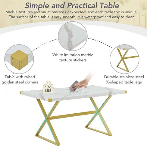 أثاث لتناول الطعام في المطبخ، طاولة رخامية مكونة من 7 قطع و6 كراسي منجدة من جلد البولي يوريثان، وأرجل فولاذية على شكل X ومساند ظهر مريحة، مجموعة تناول طعام حديثة تتسع لـ 6-8 أشخاص، باللون الأبيض in Kuwait