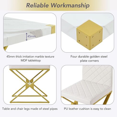 أثاث لتناول الطعام في المطبخ، طاولة رخامية مكونة من 7 قطع و6 كراسي منجدة من جلد البولي يوريثان، وأرجل فولاذية على شكل X ومساند ظهر مريحة، مجموعة تناول طعام حديثة تتسع لـ 6-8 أشخاص، باللون الأبيض in Kuwait