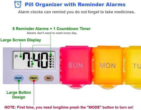 [2024New] 1 Day 4 Times Pill Organizer,5 Alarms+1 Timer,Loud Sound,Large Compartment,Large Screen,Moisture-Proof Design,Hold Vitamins,Fish Oil,Weekly Pill Box/Cases,Daily Medicine Dispenser in Kuwait