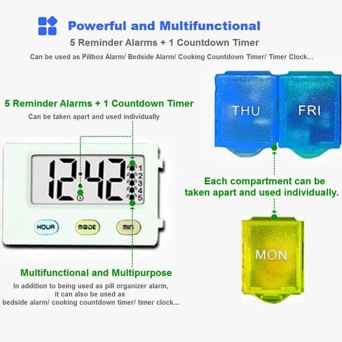 [2024New] 1 Day 4 Times Pill Organizer,5 Alarms+1 Timer,Loud Sound,Large Compartment,Large Screen,Moisture-Proof Design,Hold Vitamins,Fish Oil,Weekly Pill Box/Cases,Daily Medicine Dispenser in Kuwait