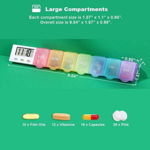 [2024New] 1 Day 4 Times Pill Organizer,5 Alarms+1 Timer,Loud Sound,Large Compartment,Large Screen,Moisture-Proof Design,Hold Vitamins,Fish Oil,Weekly Pill Box/Cases,Daily Medicine Dispenser in Kuwait
