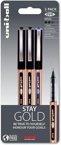 uni-ball On Point ‘Stay Gold’ Eye Broad Rollerball Handwriting Pens 3 Pack in Black, Blue and Red Ink in Saudi Arabia