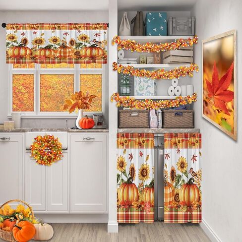Orange Fall Kitchen Curtains Farmhouse Plaid Window Curtains Valance and Tier Set 36 Inch, Pumpkin Sunflower Bird Rod Pocket Short Tier Curtain for Room, Autumn Small Cafe Kitchen Decor in Kuwait
