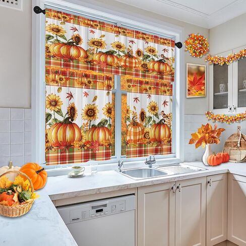 Orange Fall Kitchen Curtains Farmhouse Plaid Window Curtains Valance and Tier Set 36 Inch, Pumpkin Sunflower Bird Rod Pocket Short Tier Curtain for Room, Autumn Small Cafe Kitchen Decor in Kuwait