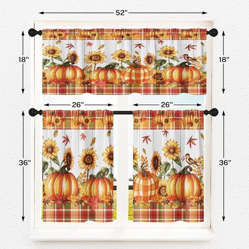 Orange Fall Kitchen Curtains Farmhouse Plaid Window Curtains Valance and Tier Set 36 Inch, Pumpkin Sunflower Bird Rod Pocket Short Tier Curtain for Room, Autumn Small Cafe Kitchen Decor in Kuwait