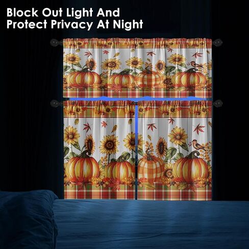 Orange Fall Kitchen Curtains Farmhouse Plaid Window Curtains Valance and Tier Set 36 Inch, Pumpkin Sunflower Bird Rod Pocket Short Tier Curtain for Room, Autumn Small Cafe Kitchen Decor in Kuwait