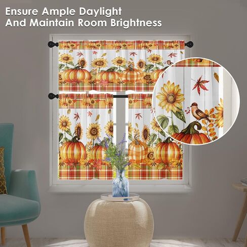 Orange Fall Kitchen Curtains Farmhouse Plaid Window Curtains Valance and Tier Set 36 Inch, Pumpkin Sunflower Bird Rod Pocket Short Tier Curtain for Room, Autumn Small Cafe Kitchen Decor in Kuwait