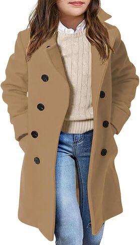 Girls Coat Double Breasted Notched Collar Wool Blend Long Trench Coat Winter Warm Peacoat Dress Coat with Pockets in Saudi Arabia