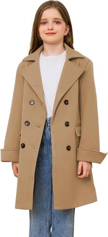 Girls Coat Double Breasted Notched Collar Wool Blend Long Trench Coat Winter Warm Peacoat Dress Coat with Pockets in Saudi Arabia
