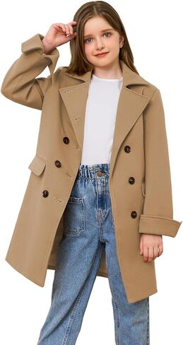 Girls Coat Double Breasted Notched Collar Wool Blend Long Trench Coat Winter Warm Peacoat Dress Coat with Pockets in Saudi Arabia