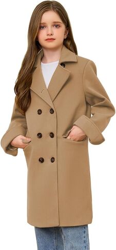 Girls Coat Double Breasted Notched Collar Wool Blend Long Trench Coat Winter Warm Peacoat Dress Coat with Pockets in Saudi Arabia