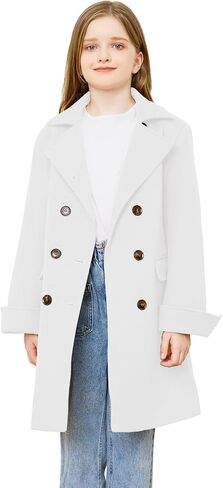 Girls Coat Double Breasted Notched Collar Wool Blend Long Trench Coat Winter Warm Peacoat Dress Coat with Pockets in Saudi Arabia