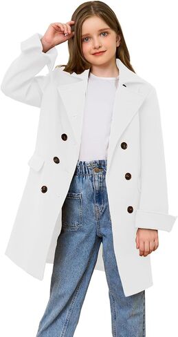 Girls Coat Double Breasted Notched Collar Wool Blend Long Trench Coat Winter Warm Peacoat Dress Coat with Pockets in Saudi Arabia