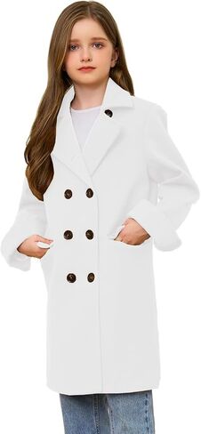 Girls Coat Double Breasted Notched Collar Wool Blend Long Trench Coat Winter Warm Peacoat Dress Coat with Pockets in Saudi Arabia