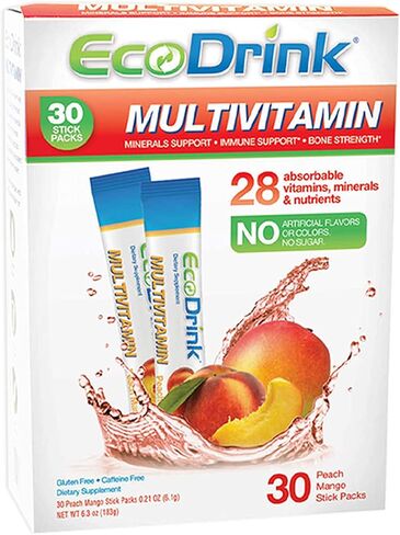 EcoDrink Multivitamin Energy Powder Drink Mix - Electrolytes Antioxidants Nutrients - Sugar and Caffeine Free - Peach Mango Flavor Powder, 30 Packets in Saudi Arabia