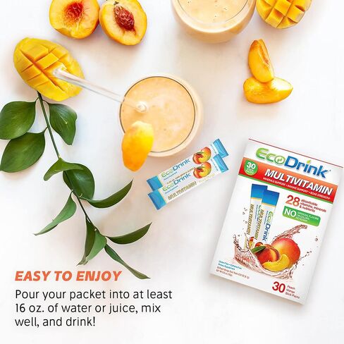 EcoDrink Multivitamin Energy Powder Drink Mix - Electrolytes Antioxidants Nutrients - Sugar and Caffeine Free - Peach Mango Flavor Powder, 30 Packets in Saudi Arabia