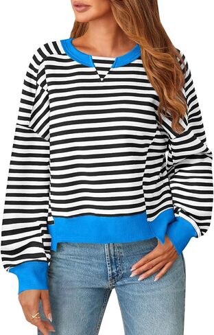 MEROKEETY Women's Striped Color Block Cropped Sweatshirts Oversized Crewneck Long Sleeve Sweater Y2K Shirt Tops in Saudi Arabia