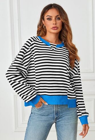 MEROKEETY Women's Striped Color Block Cropped Sweatshirts Oversized Crewneck Long Sleeve Sweater Y2K Shirt Tops in Saudi Arabia