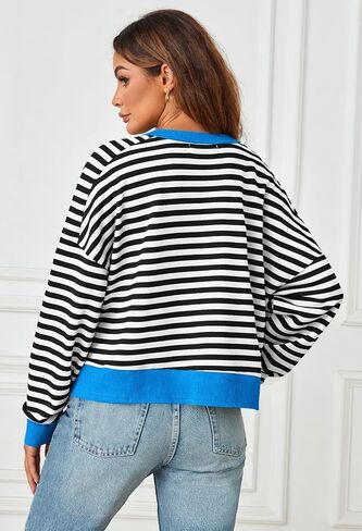 MEROKEETY Women's Striped Color Block Cropped Sweatshirts Oversized Crewneck Long Sleeve Sweater Y2K Shirt Tops in Saudi Arabia
