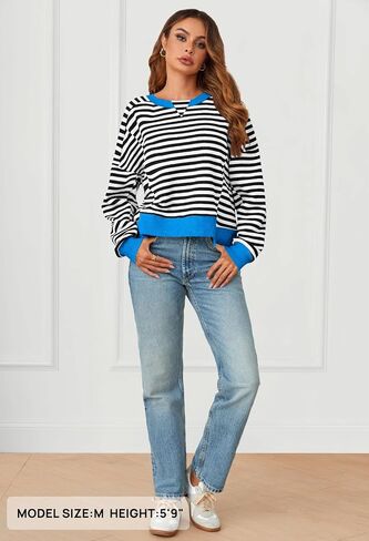 MEROKEETY Women's Striped Color Block Cropped Sweatshirts Oversized Crewneck Long Sleeve Sweater Y2K Shirt Tops in Saudi Arabia
