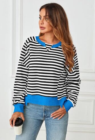 MEROKEETY Women's Striped Color Block Cropped Sweatshirts Oversized Crewneck Long Sleeve Sweater Y2K Shirt Tops in Saudi Arabia