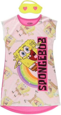 بيجامة سبونج بوب سكويربانتس للنوم للفتيات، طقم قميص نوم وقناع للعين، وردي، مقاس الأطفال الصغار 6/6X in Kuwait
