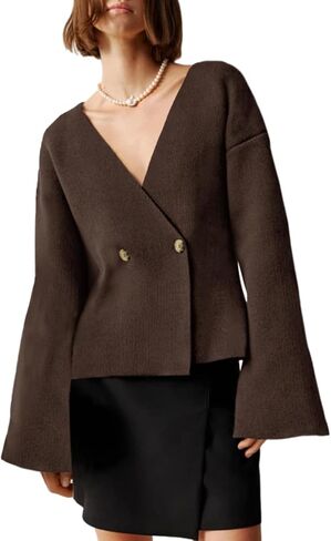 Saodimallsu Womens V Neck Cardigans Long Bell Sleeve Button Down Open Front Loose Knit Fall Sweater Blazer in Saudi Arabia