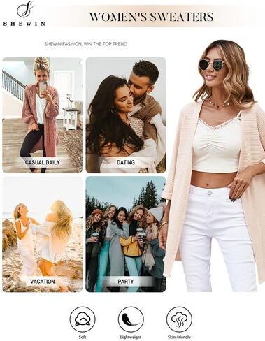 SHEWIN Women's Cardigans Casual 3/4 Short Sleeve Open Front Waffle Knit Lightweight Kimonos Cardigan Sweaters for Women in Saudi Arabia