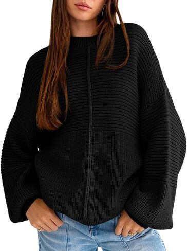 Langwyqu Womens Oversized Sweaters Crew Neck Long Lantern Sleeve Loose Ribbed Knit Slouchy Fall Pullover Tops in Saudi Arabia