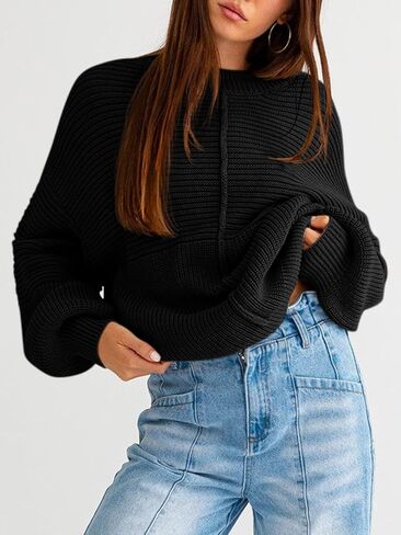 Langwyqu Womens Oversized Sweaters Crew Neck Long Lantern Sleeve Loose Ribbed Knit Slouchy Fall Pullover Tops in Saudi Arabia