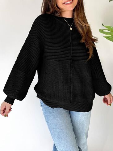Langwyqu Womens Oversized Sweaters Crew Neck Long Lantern Sleeve Loose Ribbed Knit Slouchy Fall Pullover Tops in Saudi Arabia