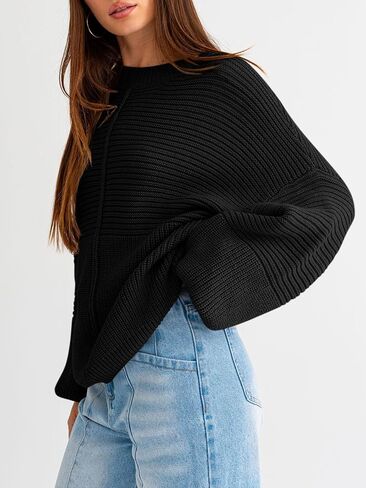 Langwyqu Womens Oversized Sweaters Crew Neck Long Lantern Sleeve Loose Ribbed Knit Slouchy Fall Pullover Tops in Saudi Arabia