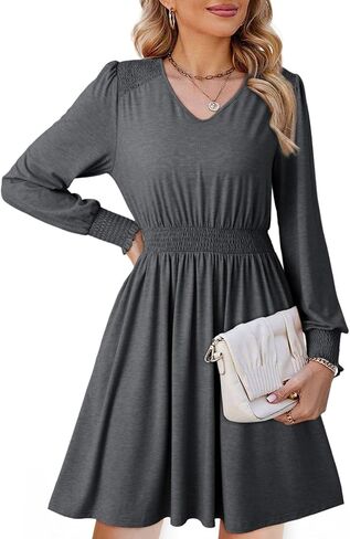 Dokotoo Womens Dresses 2024 Long Sleeve V Neck Smocked Elastic Waist Casual A-Line Swing Mini Dress with Pockets in Saudi Arabia