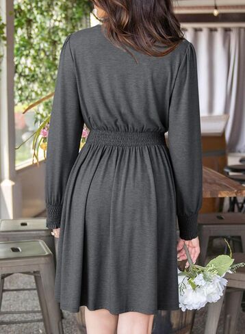 Dokotoo Womens Dresses 2024 Long Sleeve V Neck Smocked Elastic Waist Casual A-Line Swing Mini Dress with Pockets in Saudi Arabia