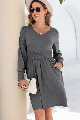 Dokotoo Womens Dresses 2024 Long Sleeve V Neck Smocked Elastic Waist Casual A-Line Swing Mini Dress with Pockets in Saudi Arabia