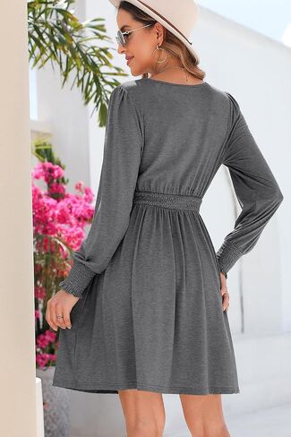 Dokotoo Womens Dresses 2024 Long Sleeve V Neck Smocked Elastic Waist Casual A-Line Swing Mini Dress with Pockets in Saudi Arabia