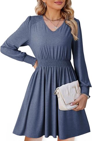 Dokotoo Womens Dresses 2024 Long Sleeve V Neck Smocked Elastic Waist Casual A-Line Swing Mini Dress with Pockets in Saudi Arabia