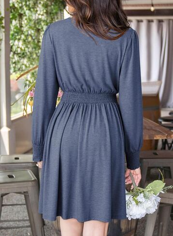 Dokotoo Womens Dresses 2024 Long Sleeve V Neck Smocked Elastic Waist Casual A-Line Swing Mini Dress with Pockets in Saudi Arabia