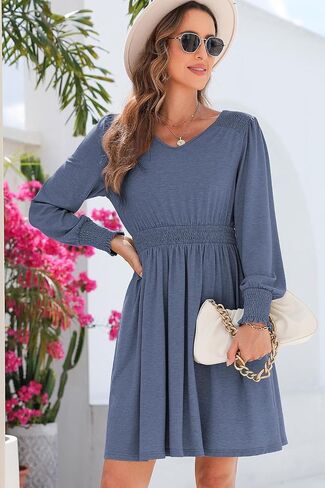 Dokotoo Womens Dresses 2024 Long Sleeve V Neck Smocked Elastic Waist Casual A-Line Swing Mini Dress with Pockets in Saudi Arabia
