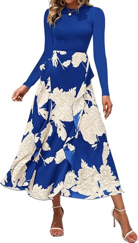 BTFBM Womens Fall Fashion 2024 Floral Maxi Dress Casual Crewneck Long Sleeve Ruffle Flowy Cocktail Wedding Guest Dresses in Saudi Arabia