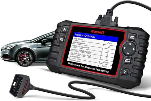 أداة تشخيص ثنائية الاتجاه لسيارة Mercedes-Benz/Sprinter/Smart، iCarsoft MB V3.0 (إصدار محسّن) 28+ خدمة إعادة تعيين ماسح ضوئي للنظام الكامل OBD2، اختبار البطارية/اختبار التشغيل، VIN التلقائي، المسح السريع in Kuwait