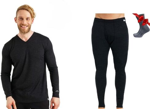 Merino.tech مجموعة رجالية من صوف ميرينو - ملابس داخلية حرارية خفيفة الوزن من صوف ميرينو للرجال من الأعلى والأسفل in Kuwait