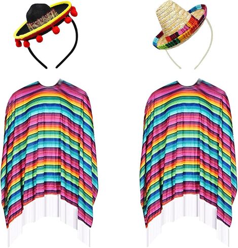 4 قطع من قماش سينكو دي مايو المكسيكي سيراب بونشو فييستا وعصابات رأس سمبريرو المكسيكية زي سينكو دي مايو زي سينكو دي مايو زي فييستا بونشو in Kuwait