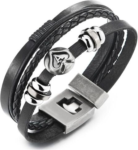 COOLSTEELANDBEYOND Ace Spade Bead Charms متعدد حبلا أسود مضفر سوار من الجلد التفاف معصمه للرجال والنساء in Saudi Arabia