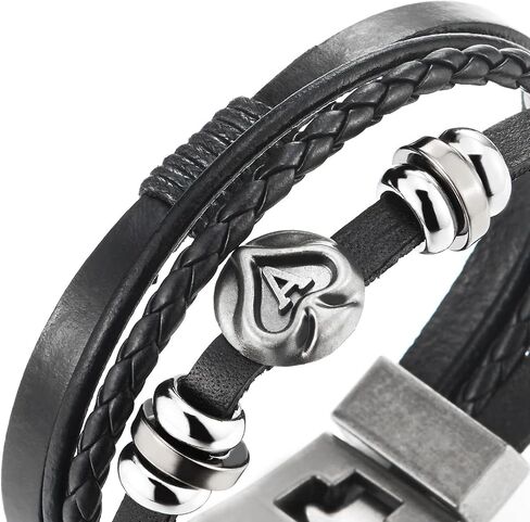 COOLSTEELANDBEYOND Ace Spade Bead Charms متعدد حبلا أسود مضفر سوار من الجلد التفاف معصمه للرجال والنساء in Saudi Arabia