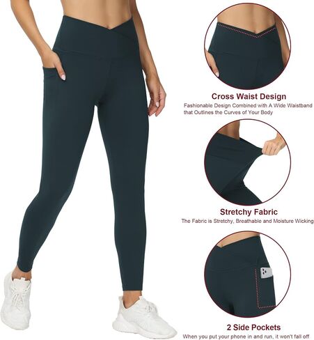 THE GYM PEOPLE Women's V Cross Waist Workout Leggings Tummy Control Running Yoga Pants with Pockets in Saudi Arabia