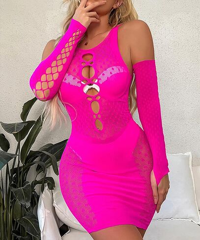 Women's Mesh Lingerie Fishnet Babydoll Mini Dress Free Size Bodysuit See Through Shirts Hot Pink in Saudi Arabia